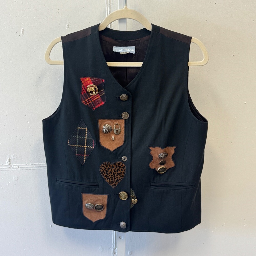 Vintage Ciel Bleu‎ Patchwork Novelty Button Wool Blend Vest Western Black